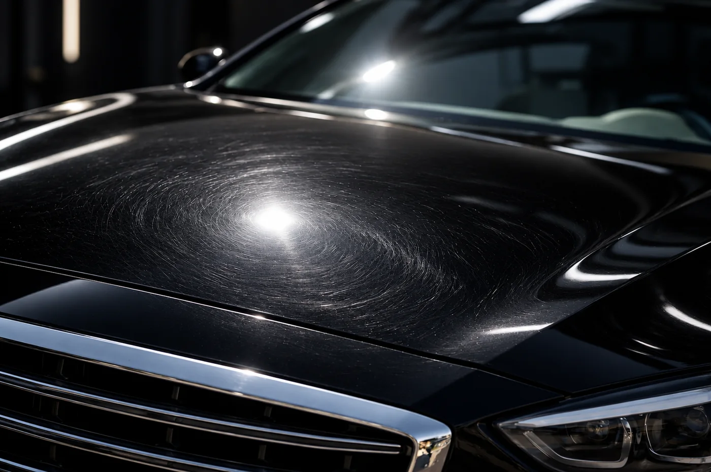 Fine swirl marks on a black bonnet under studio light