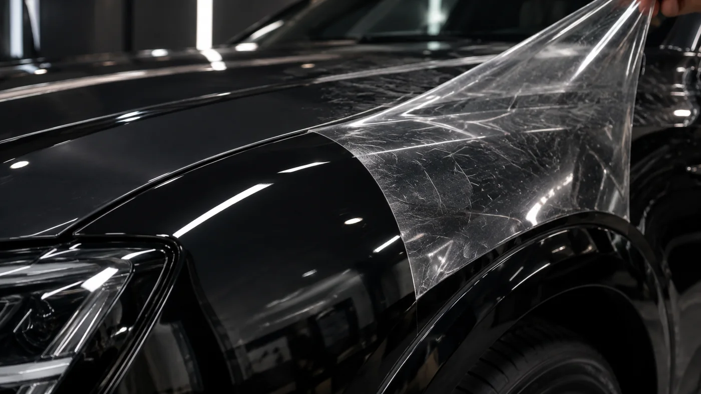 Paint protection film being lifted away from a car wing