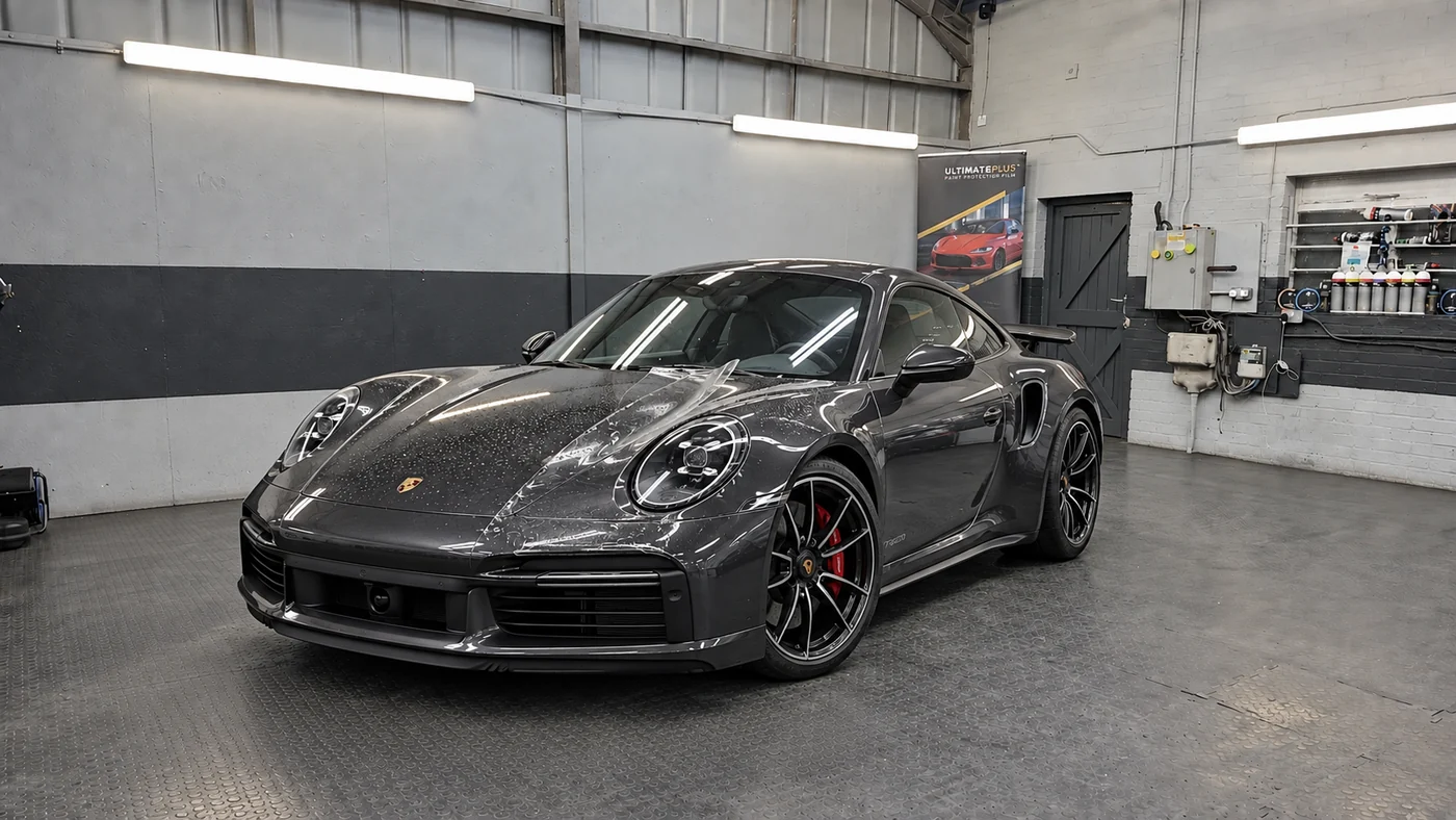 A dark grey Porsche 911 in the Braintree studio