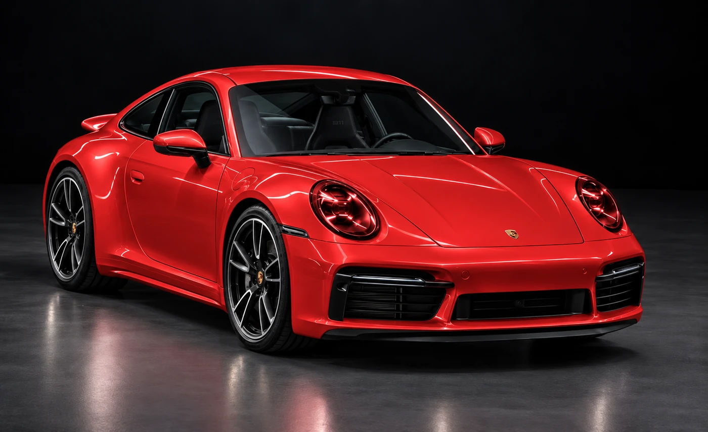 Front three-quarter view of a Porsche 911 with Full Car PPF coverage highlighted in red across every painted exterior panel and the headlights