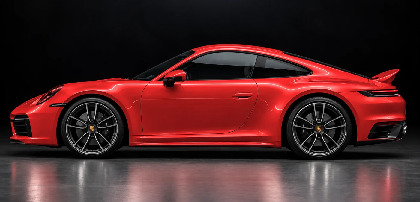 Side profile of a Porsche 911 with Full Car PPF coverage highlighted in red across every painted exterior panel