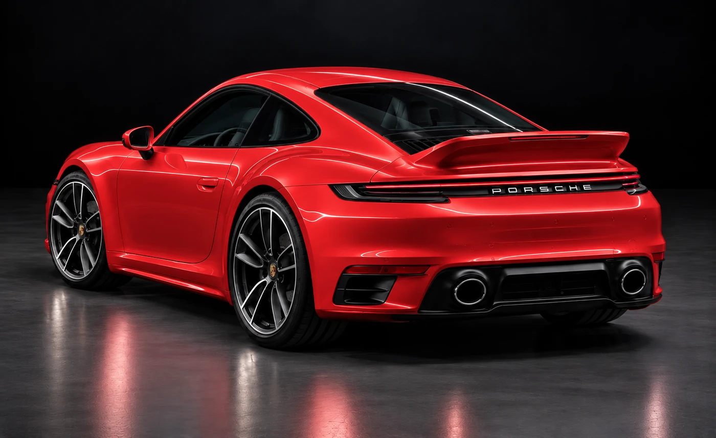 Rear three-quarter view of a Porsche 911 with Full Car PPF coverage highlighted in red across the painted exterior panels and rear lights