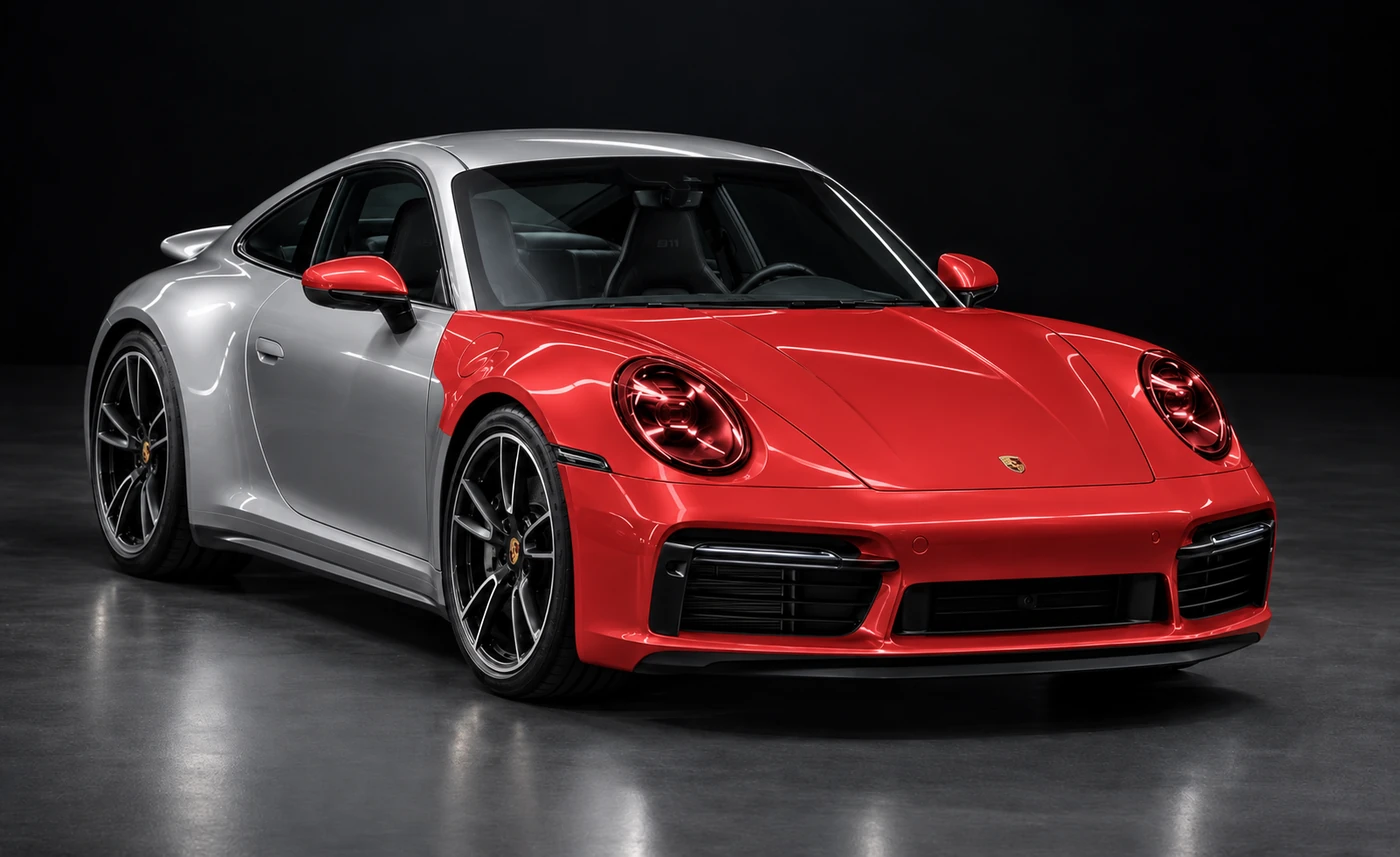 Front three-quarter view of a silver Porsche 911 with Full Frontal PPF coverage highlighted in red across the bumper, bonnet, wings, mirrors and headlights