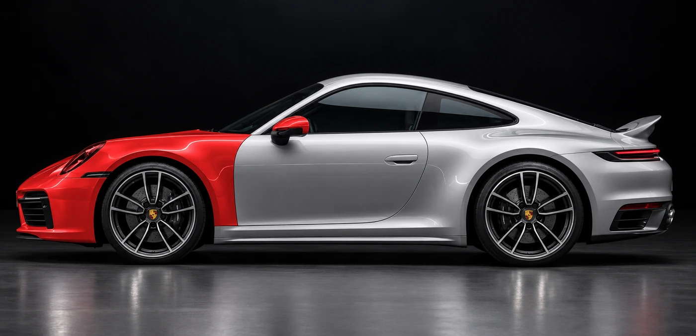 Side profile of a silver Porsche 911 with Full Frontal PPF coverage highlighted in red on the front end only