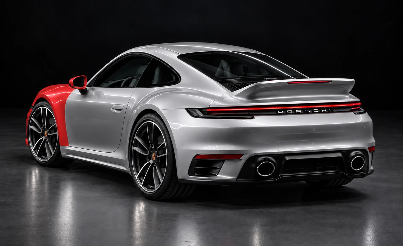 Rear three-quarter view of a silver Porsche 911 with Full Frontal PPF coverage, showing the rear of the car unfilmed