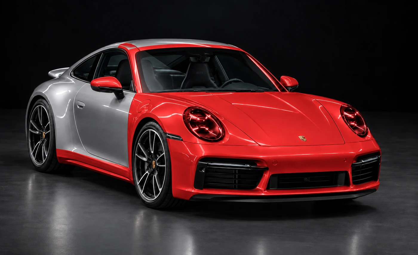Front three-quarter view of a silver Porsche 911 with Track Pack PPF coverage highlighted in red across the front end, A-pillars and sills