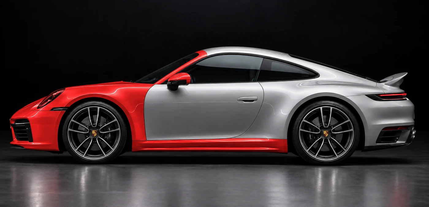 Side profile of a silver Porsche 911 with Track Pack PPF coverage highlighted in red on the front end, A-pillar, roof leading edge and side sill