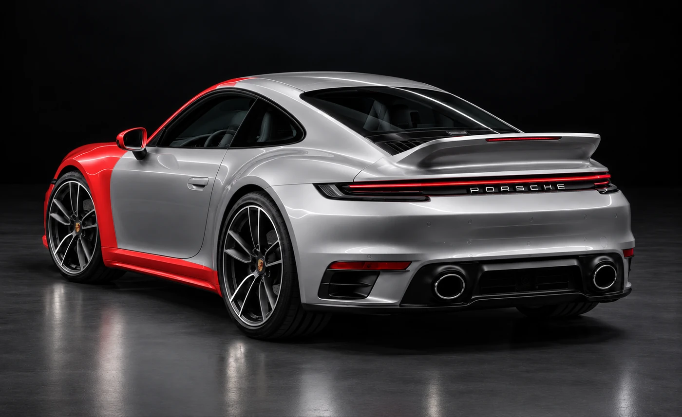 Rear three-quarter view of a silver Porsche 911 with Track Pack PPF coverage visible on the sills and A-pillars