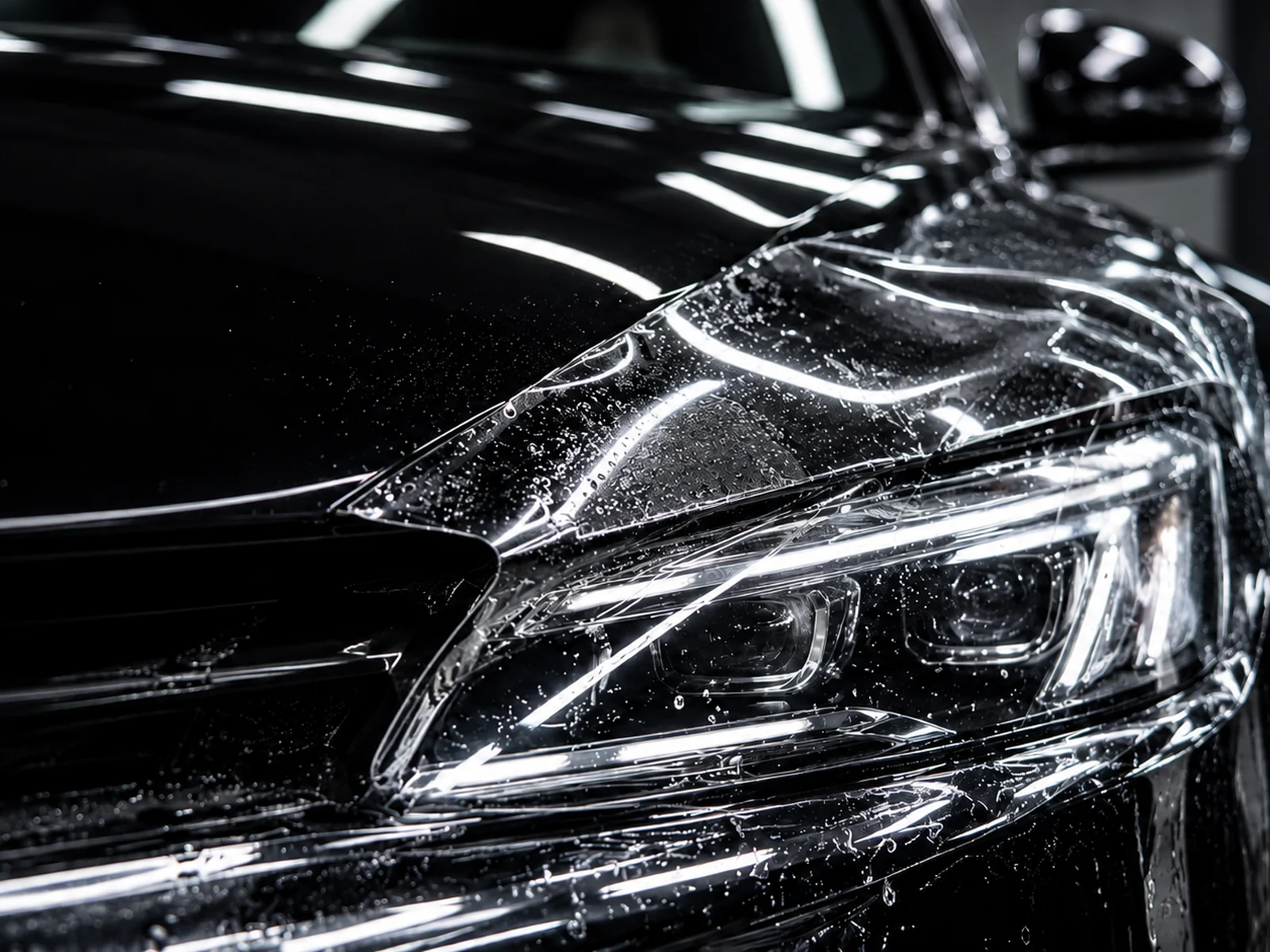 Paint protection film being applied over the headlight and front wing of a black car